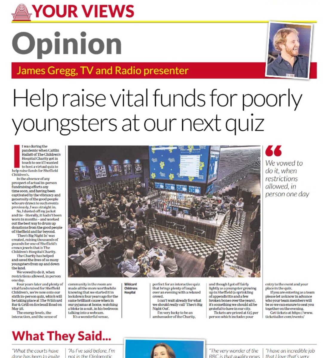 I very very rarely write things for newspapers. But here’s something 👇🏻 

Close to my heart is the <a href="/SheffChildrens/">Sheffield Children's</a> - and so too are the amazing quizzes that are popular in my home city. 

Still some tickets left for what will be great fun <a href="/BarWildcard/">The Wildcard Bar and Grill</a>👇🏻 

tickettailor.com/events/thechil…