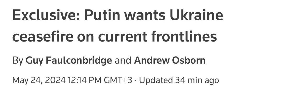 ⚡️ Putin is ready to halt the war in Ukraine with a negotiated ceasefire that recognises the current battlefield lines, but he is prepared to fight on if Kyiv and the West do not respond, -Reuters ❗️Three of the sources, familiar with discussions in Putin's entourage, said Putin