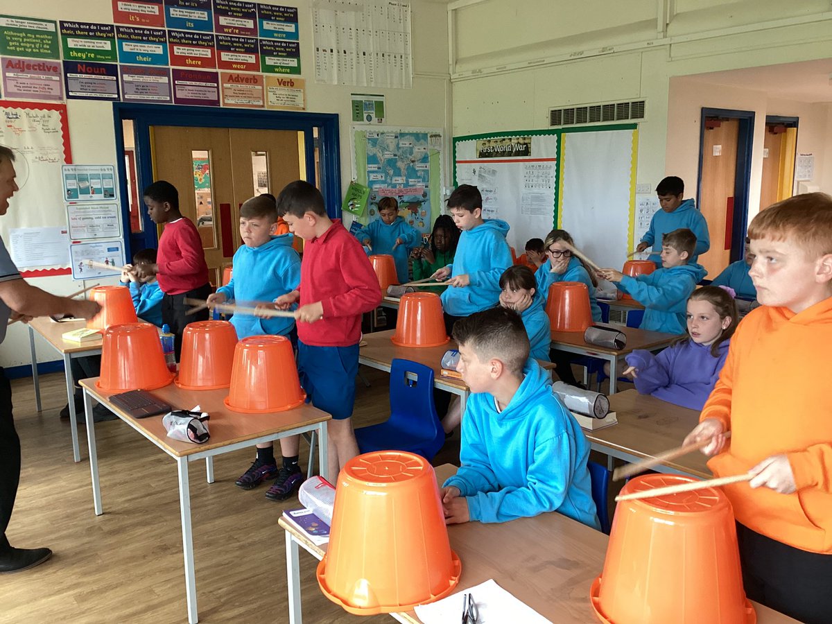 Playing music on the buckets to the rhythm of ‘We Will Rock You’ #harrowgateacademy #harrowgatemusic