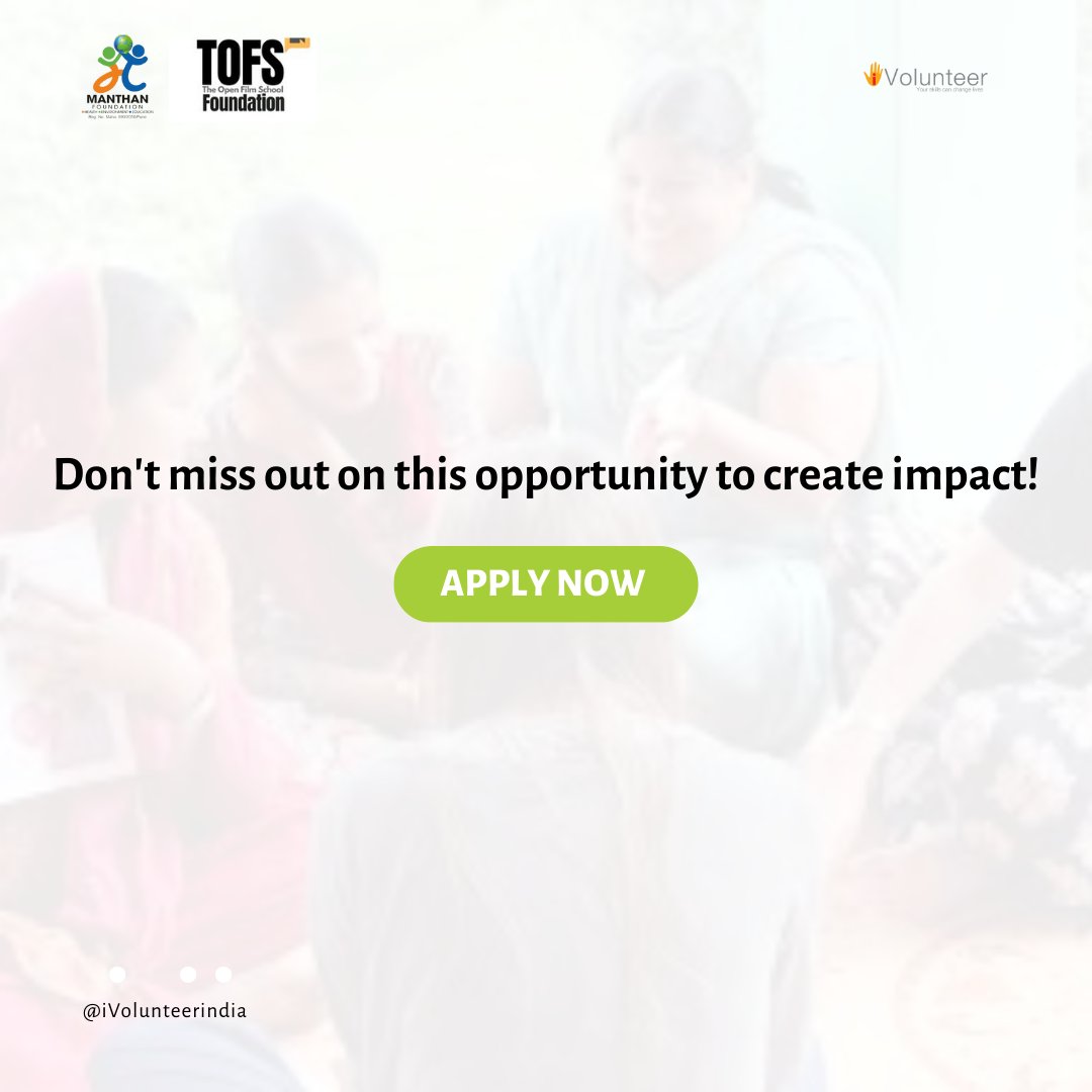 Join @Studiotofs for their project with Manthan Foundation in capturing the untold stories of resilience in Budhwar Peth, Pune to support marginalised populations!

Register Now: ivolunteer.in/opportunity/a0…

#iVolunteer #DocumentaryFilmmaking  #MakeADifference #Storytelling