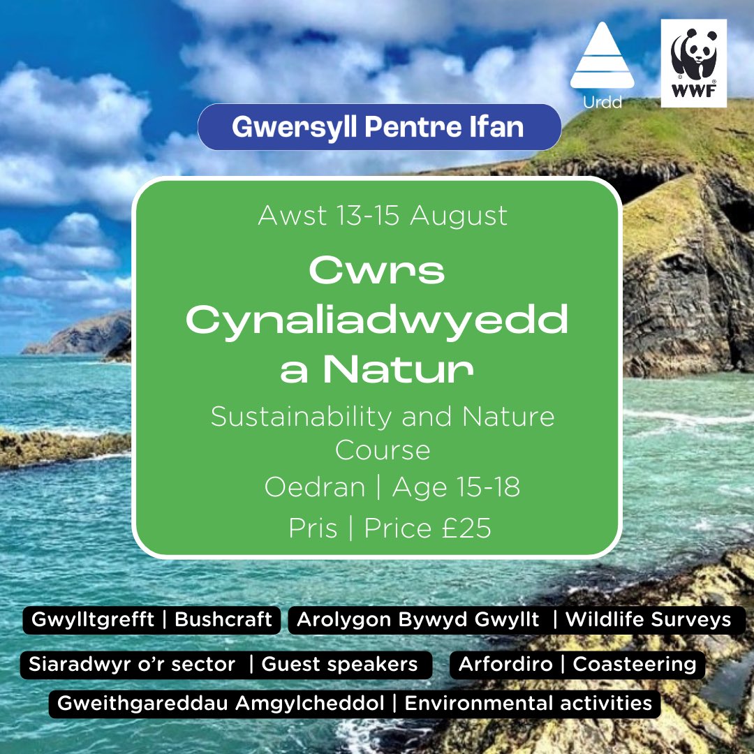 15-18 oed? Diddordeb mewn gyrfa ym meysydd cynaladwyedd a natur? Cysyllta a ni i gadw lle ac i ddysgu mwy! 15-18 years of age? Interested in a career in sustainability and nature? Contact us to book your place and find out more! @WWFCymru @ArfordirPenfro @Urdd @Keep_Wales_Tidy