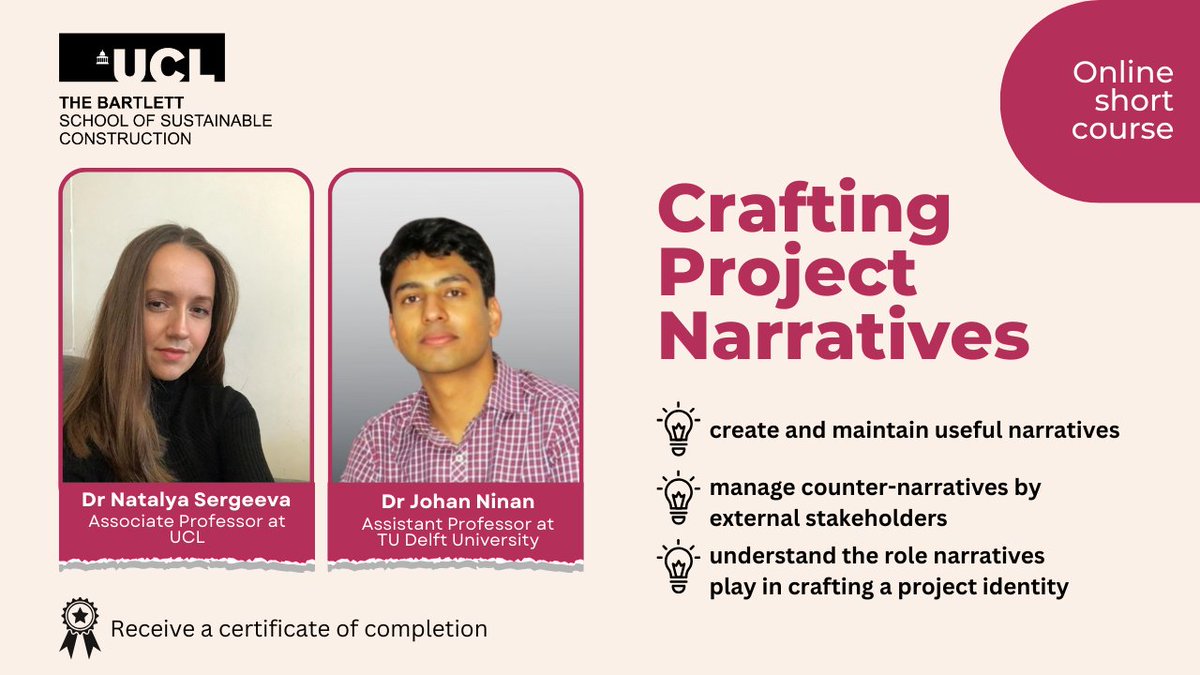 The Bartlett School of Sustainable Construction (@ucl_bssc) on Twitter photo Enrol now for the UCL short course 'Crafting Project Narratives'.
Starting June 3 2024, this course uses real-life case studies to teach essential narrative skills for megaprojects. Also available on 14 October. <a href="/natalenok/">Natalya Sergeeva</a>
Learn more + sign up: ucl.ac.uk/short-courses/… Enrol now for the UCL short course 'Crafting Project Narratives'.
Starting June 3 2024, this course uses real-life case studies to teach essential narrative skills for megaprojects. Also available on 14 October. <a href="/natalenok/">Natalya Sergeeva</a>
Learn more + sign up: ucl.ac.uk/short-courses/…