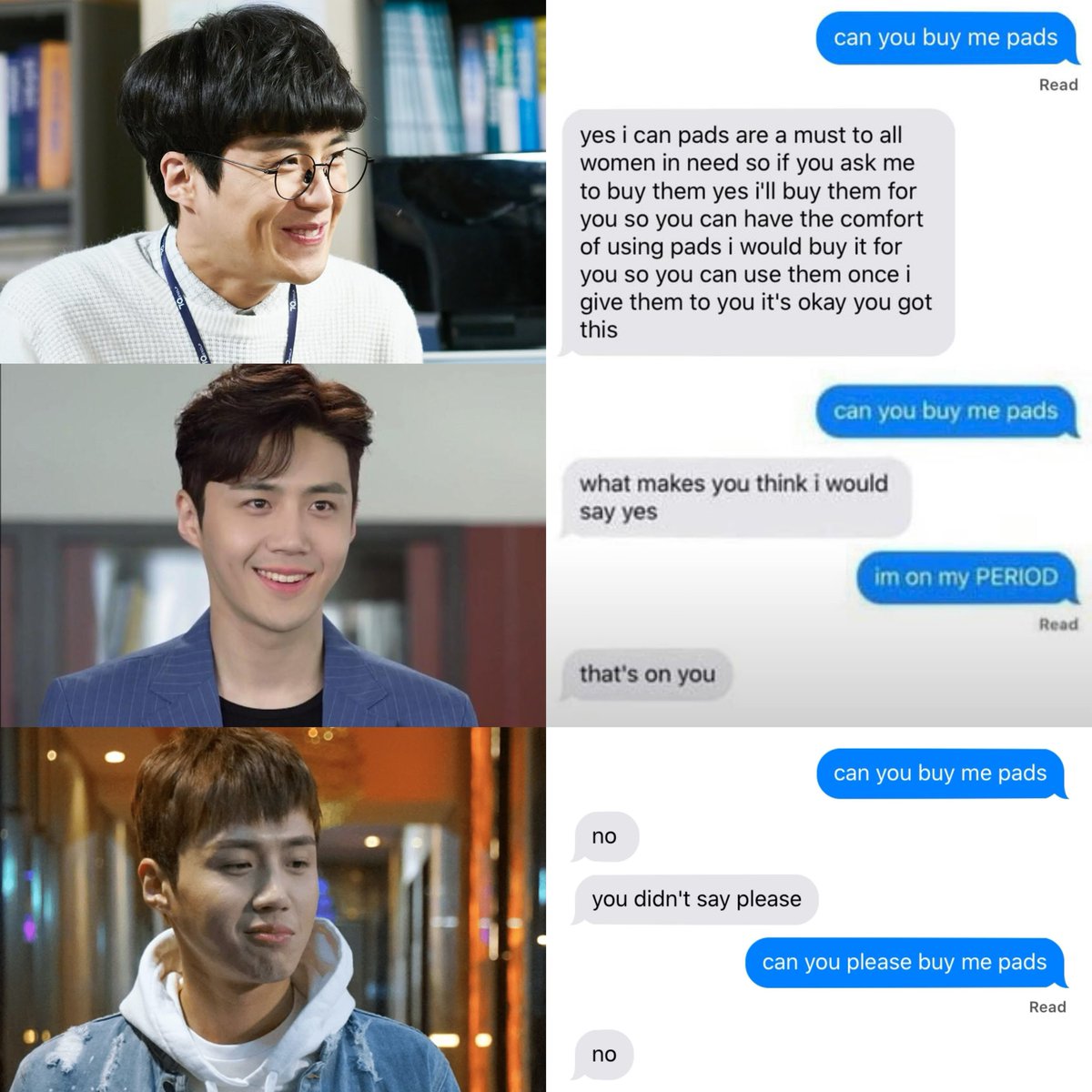 hanjipyeong's tweet photo. Kim Seonho’s characters + “can you buy me pads” meme https://t.co/VlRcHJ0Eor