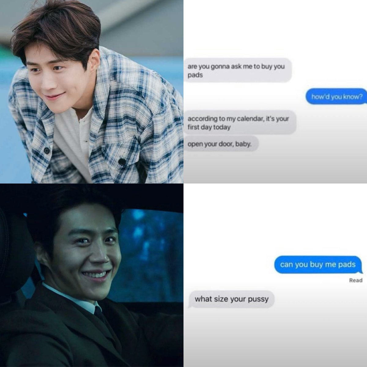 Kim Seonho’s characters + “can you buy me pads” meme