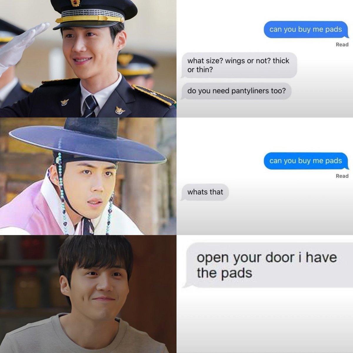 hanjipyeong's tweet photo. Kim Seonho’s characters + “can you buy me pads” meme https://t.co/VlRcHJ0Eor