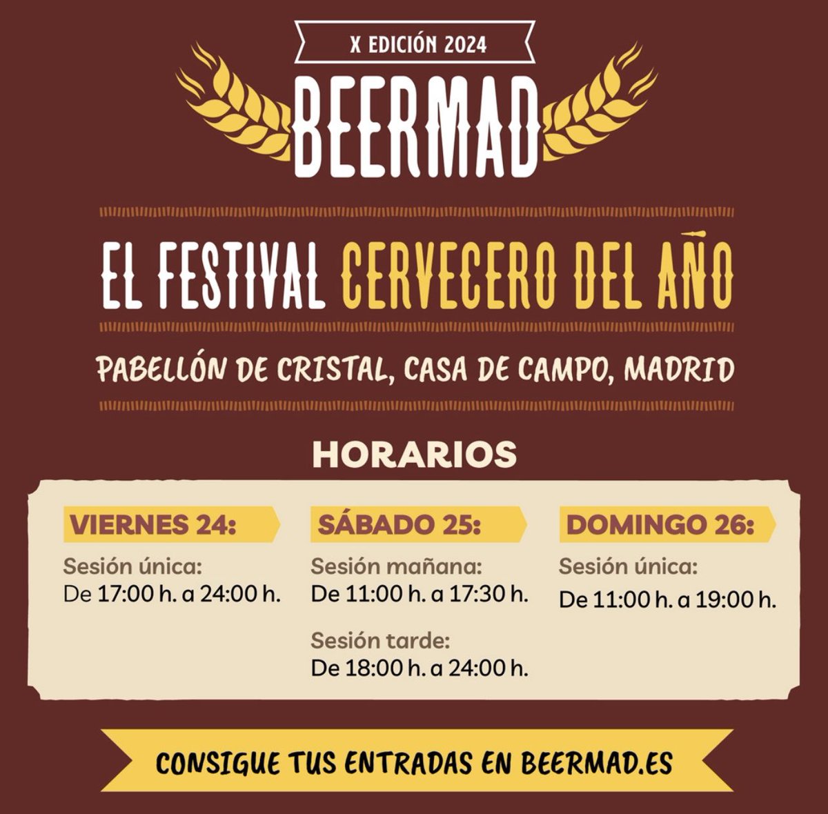 🍺 Os recordamos los horarios de cada sesión del #beermad2024
Procurar no llegar tod@s en las horas punta... mejor antes que después
Y así evitáis colas
¡¡ Que lo disfrutéis a tope !!
#casadecampo #ociomadrid #madridmola
#BeerMad #somoscerveceros #eventosmadrid #cervezadecalidad