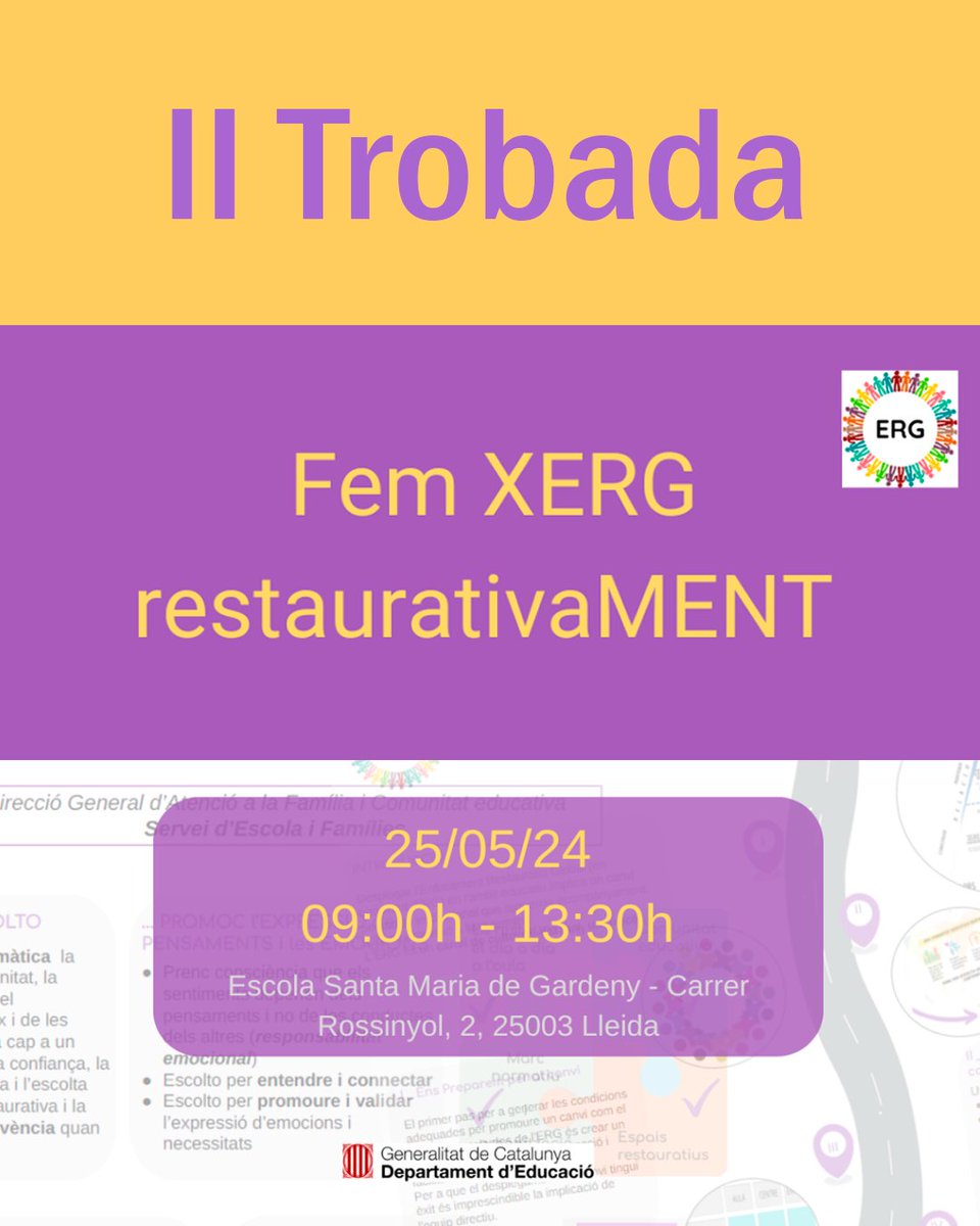 Demà se celebra la II Trobada Fem XERG restaurativaMENT. S'hi compartiran i intercanviaran projectes, experiències i metodologies en enfocament restauratiu. Cliqueu l'enllaç! 📅 25 de maig de 2024 🔗 xtec.gencat.cat/ca/agenda/II-T… #AlsCentres