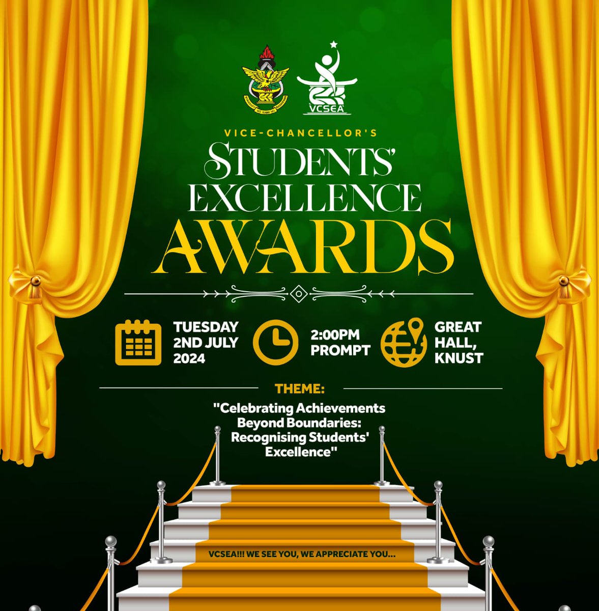 Students are invited to the second edition of the Vice-Chancellor's Students' Excellence Awards, themed 'Celebrating Achievements Beyond Boundaries: Recognizing Students' Excellence.' The event will be held on July 2, 2024 at the Great Hall. #KNUSTNewsFile