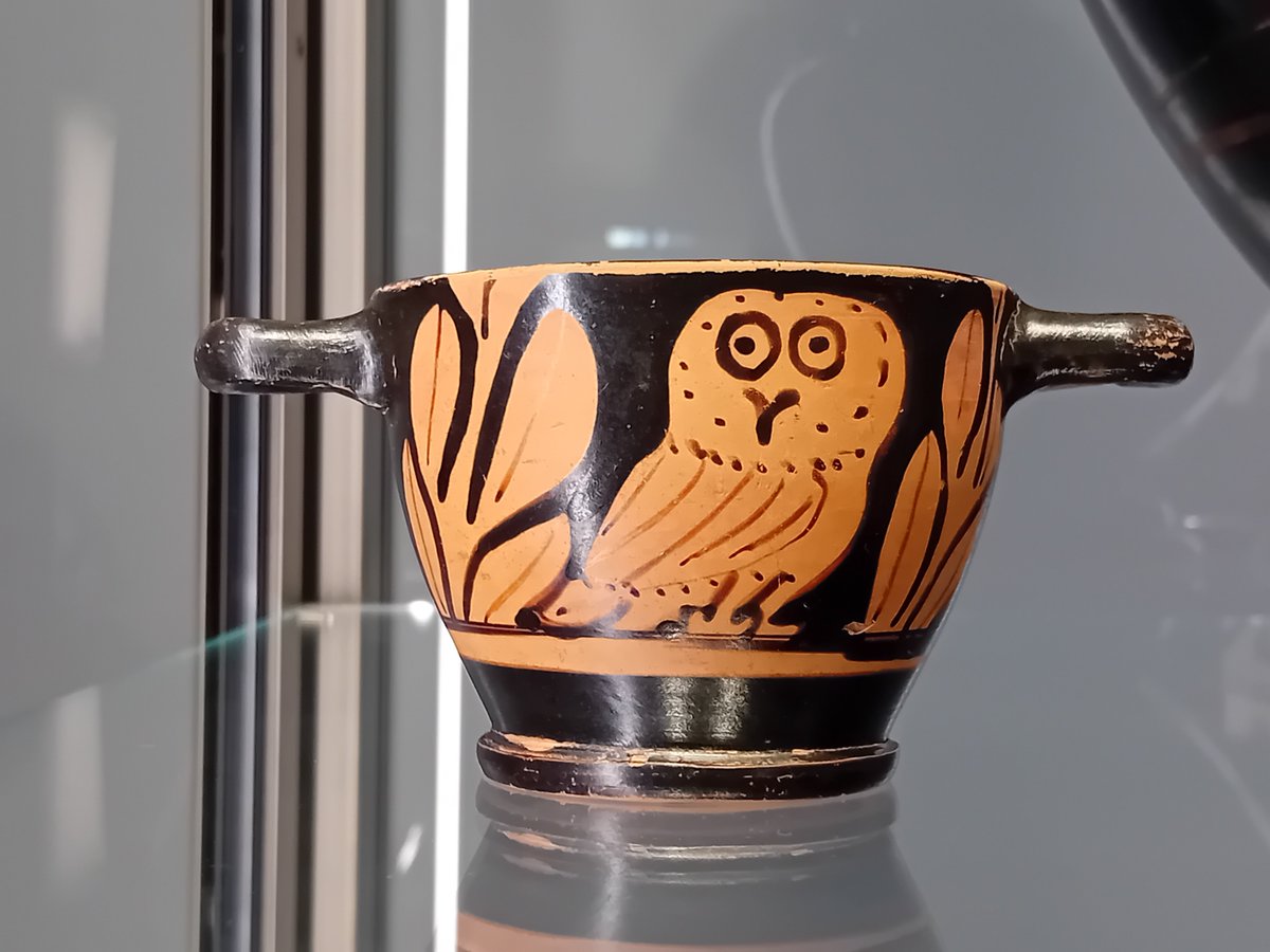 An #AncientGreek pottery vessel from Ruvo di Puglia (southern Italy; Magna Graecia) decorated with an image of an adorable little Greek owl - worthy of any table today, let alone 2300+ years ago when it was made! #Archaeology