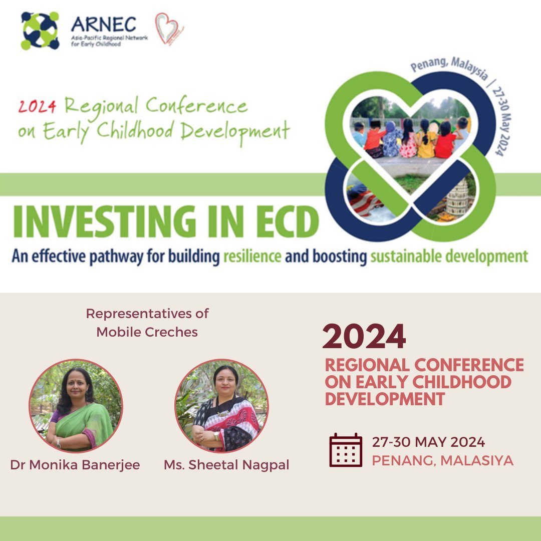 Excited to announce that Dr. Monika Banerjee and Ms. Sheetal Nagpal will be representing Mobile Creches at the Regional Conference on Early Childhood Development! Organized by <a href="/ARNECnet/">ARNEC</a> and the Malaysia Early Childhood Care &amp; Education Council.  

Stay tuned for more updates!