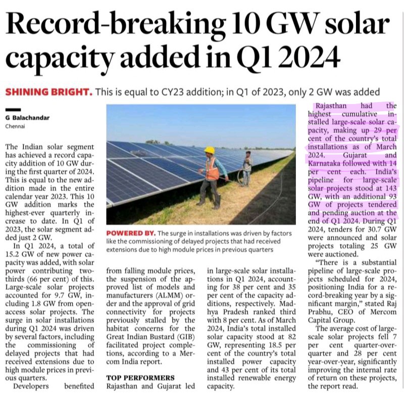 Record breaking 10 GW Solar capacity added in Q1 FY24 ✍️ total 15.2GW of new power capacity was added, Highest participation in solar energy ✍️Rajasthan & Gujarat led in the larg scale solar installation in Q1FY24 ✍️ India total install capacity stood at 82 GW (43%RE) #RE