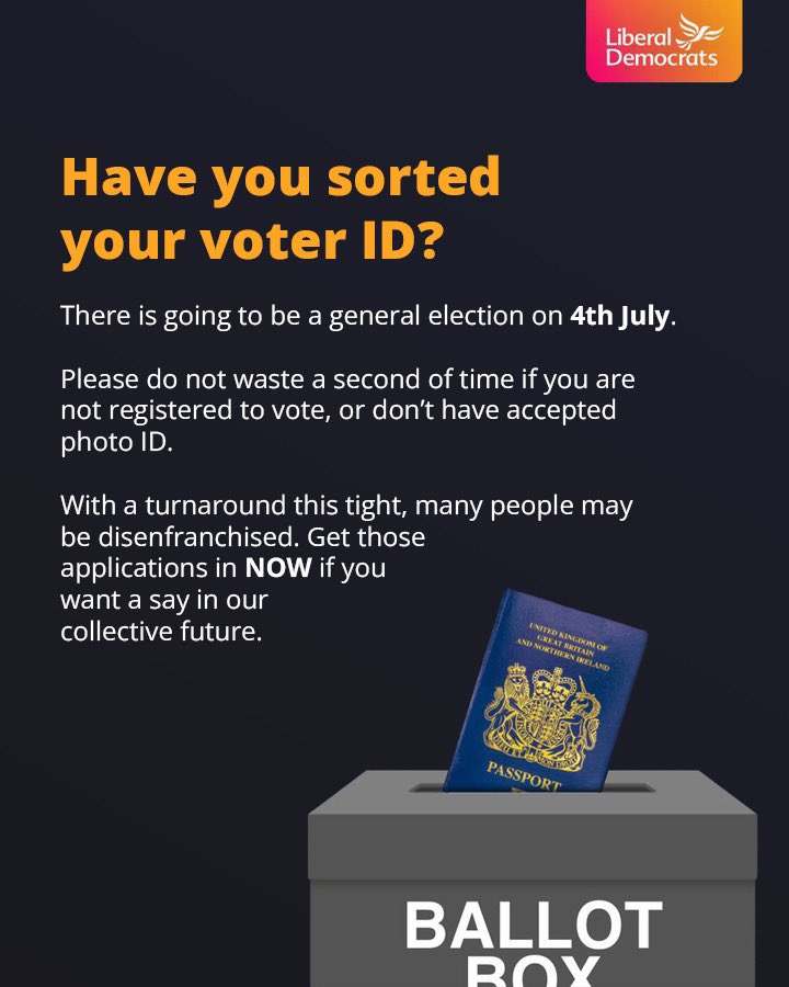 VCharlestonLD's tweet photo. Register to vote here 👇
https://t.co/TYQGZlmtjg
You can find a list of allowed photo ID documents here 👇
https://t.co/jzsE6KqSd0

#GE2024 https://t.co/m7OemN3x5o