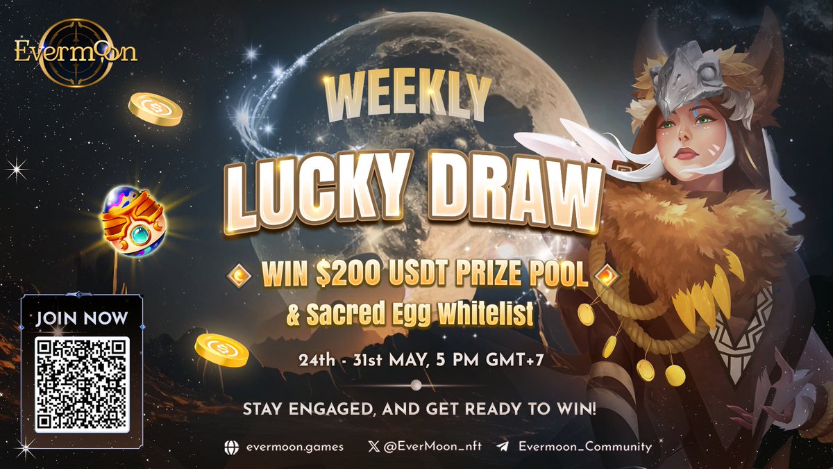 📢 Evermoon's Weekly Lucky Draw is ON NOW! 📢 ⚔️ Complete quests on Zealy for your chance to win a share of $200 USDT and other exciting rewards: zealy.io/cw/evermooncom… 📅 May 24th - 31st, 5pm GMT+7! 🎯 You need a minimum of 20 XP to enter the draw! ✨ We're splitting $200