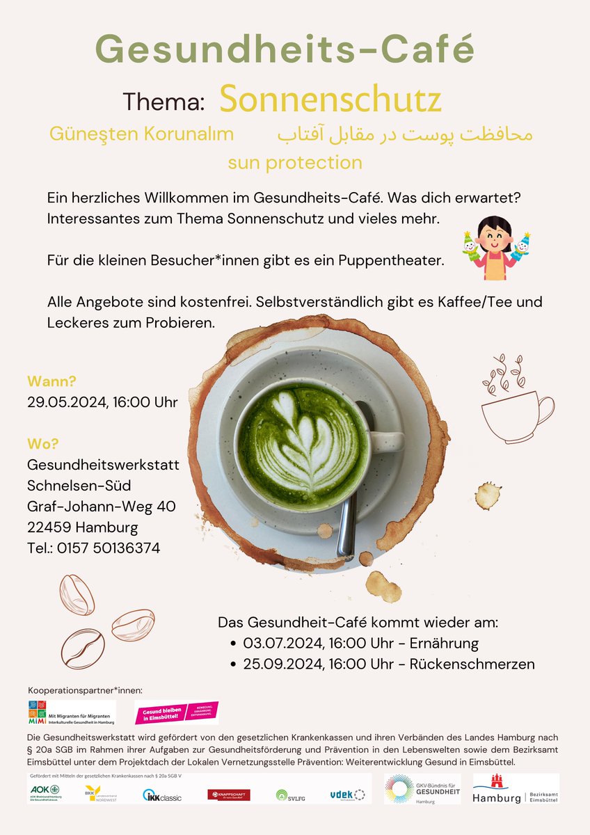 Hey Nachbar*innen! 🌟
am 29.05. kommt das Gesundheits-Café  nach Schnelsen-Süd! Genieße kostenlose Leckereien und erfahre Spannendes über SONNENSCHUTZ. Wir bieten viele Mit-Mach-Stationen und ein Puppentheater für Kinder.

Schu mal vorbei! 🌿✨
Die Gesundheitswerkstatt