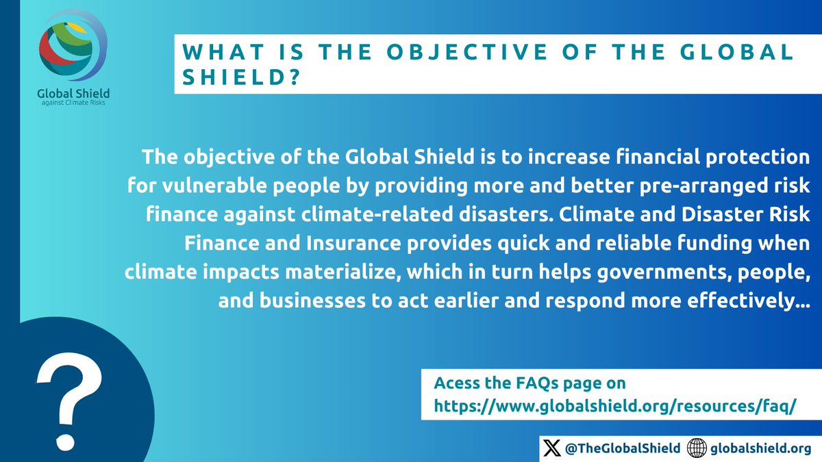 Continuing our #FAQFriday series to address common queries about the Global Shield against Climate Risks.❔FAQ #1: What is the objective of the #GlobalShield? Find out more here ➡️ globalshield.org/resources/faq/