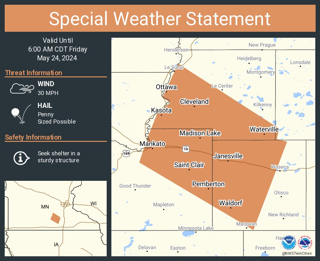 A special weather statement has been issued for Mankato MN, Eagle Lake MN and Janesville MN until 6:00 AM CDT