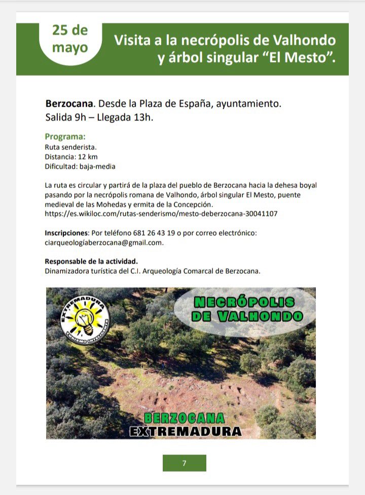 Ya os podéis inscribir para la ruta de este sábado 25 de mayo a la necrópolis de Valhondo y árbol singular el Mesto.
Salida a las 9h de la Plaza de España de Berzocana
Duración estimada: 4 horas
Teléfono: 681 26 43 19
ciarqueologiaberzocana@gmail.com
Semana Europea del Geoparque