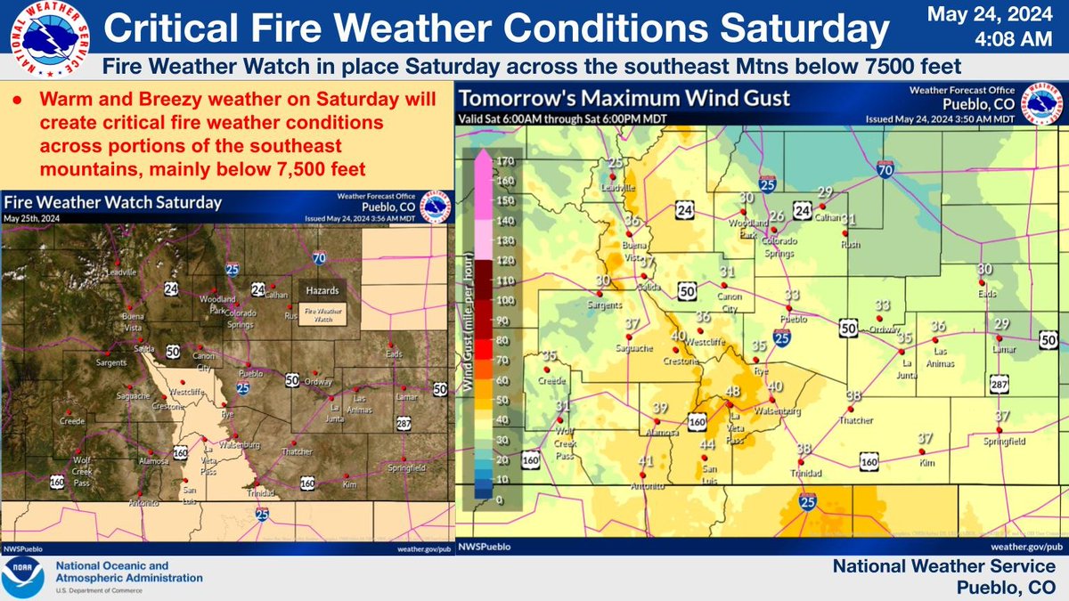 Warm and breezy weather will create Critical Fire Weather Conditions across the Southeast Mountains below 7,500ft Saturday afternoon, with Critical Fire Weather Conditions possible again on Sunday. #cowx