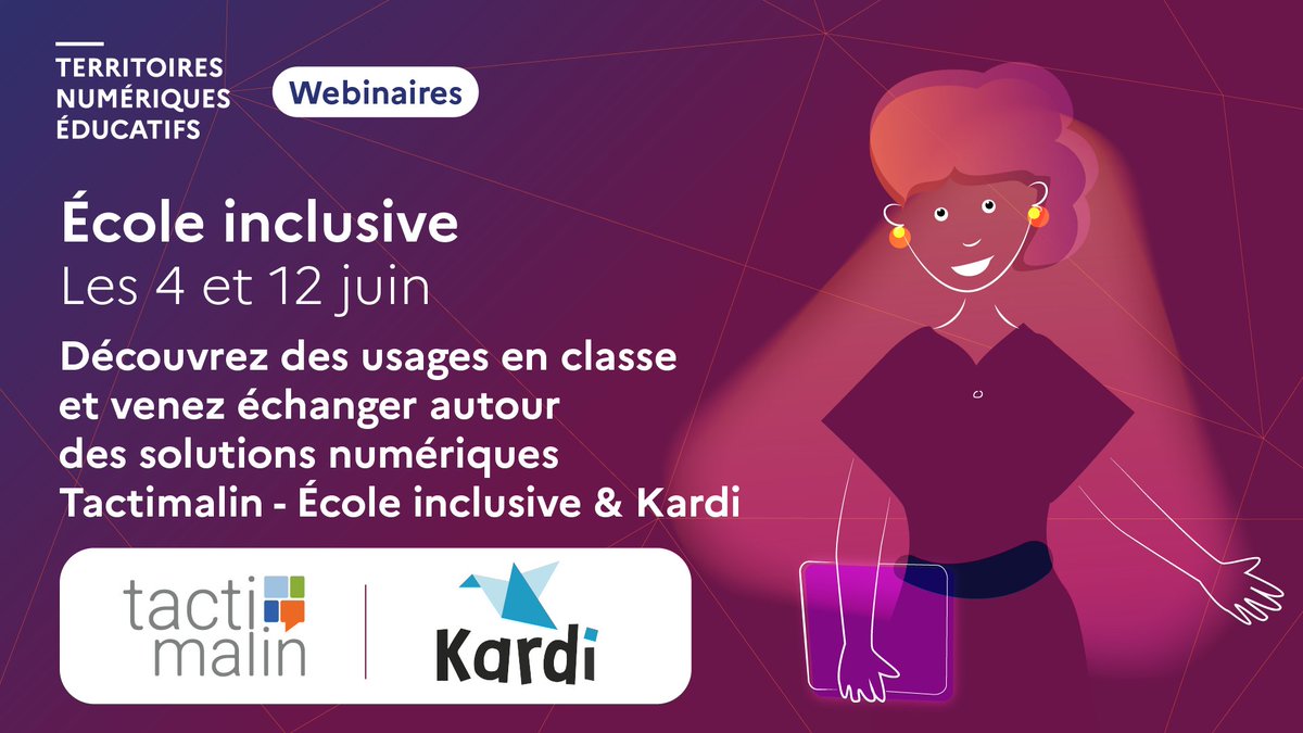 🗓️Les 4 et 12 juin, <a href="/reseau_canope/">Réseau Canopé</a> propose 2⃣ webinaires de 45 minutes pour découvrir des usages en classe et échanger autour des solutions Tactimalin - École inclusive et Kardi disponible gratuitement sur la plateforme #TNE

🔗Pour s'inscrire, c'est ici : tne.reseau-canope.fr/webinaires-tac…