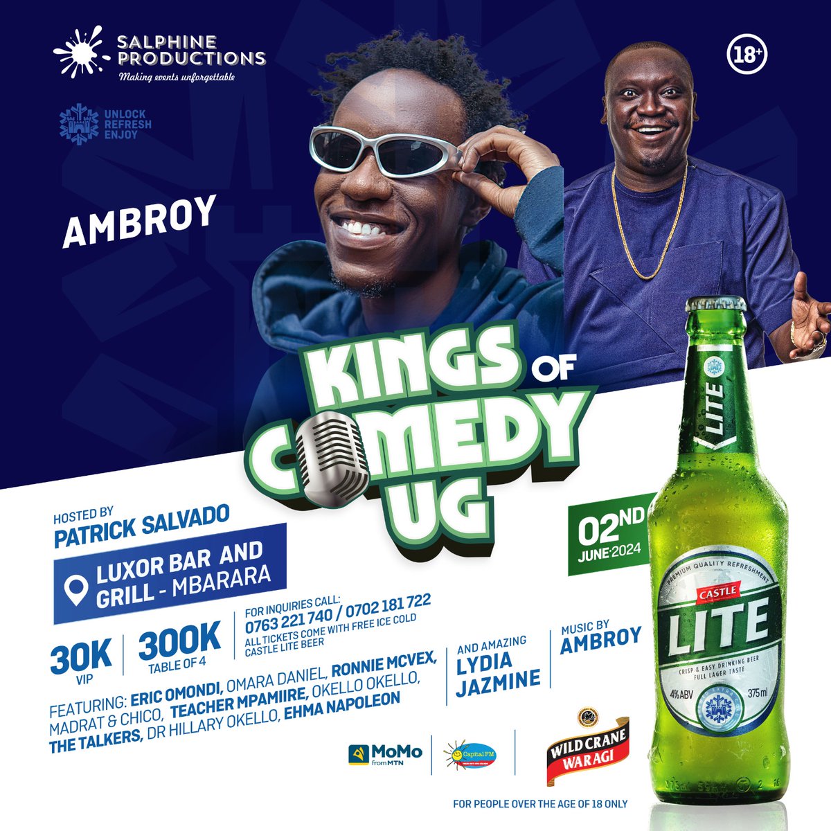 #KingsOfComedyUG won't just bring you comedians only but artists too. Enjoy ballads from @LydiahJazmine and our very own @iam_ambroy all happening at @LuxorBarMbra on 2nd June. It's the #MbararaEdition
