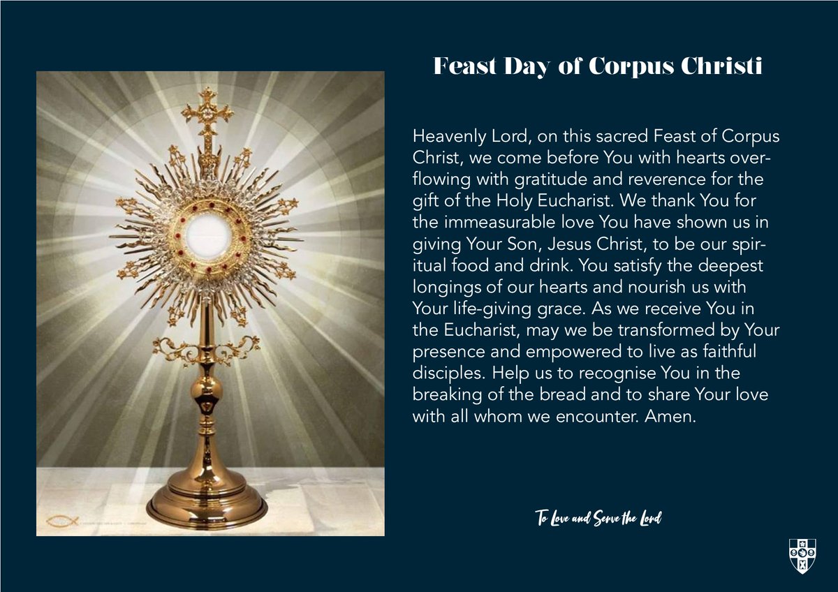 🌾✨ Today, we celebrate the Feast of Corpus Christi, honouring the real presence of Jesus in the Eucharist. 

We cherish this profound mystery and give thanks for the gift of God's presence among us.  

#CorpusChristi #RealPresence 🍞🍷🙏