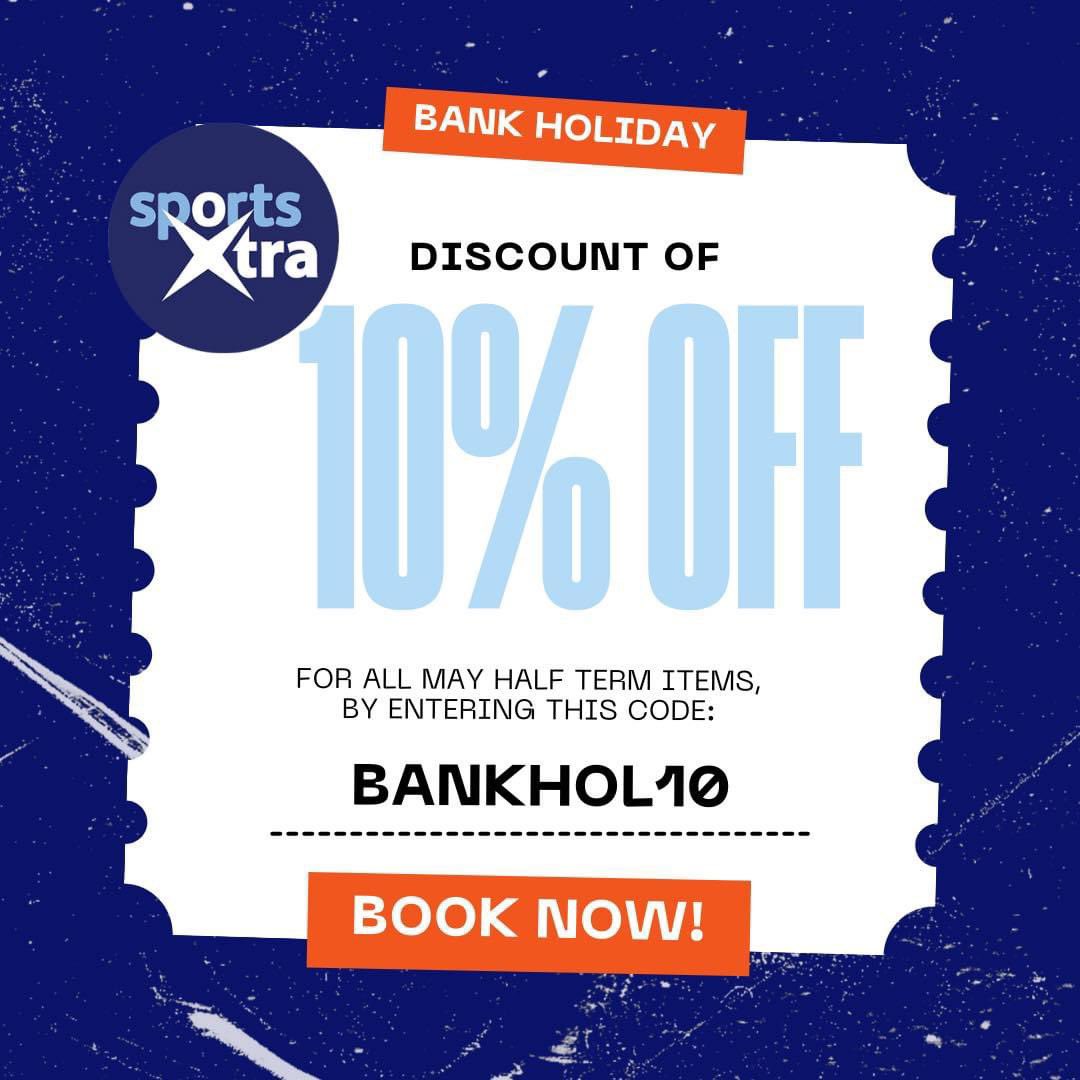 SportsXtraSW's tweet image. ⚠️10% OFF ALL MAY HALF TERM CAMPS⚠️
Did you know our May Half Term Camps start in just 4 days?
Use Code: BANKHOL10 at checkout to redeem
Hurry, this special discount ends on Monday at Midnight!
Go to sports-xtra.com today to book