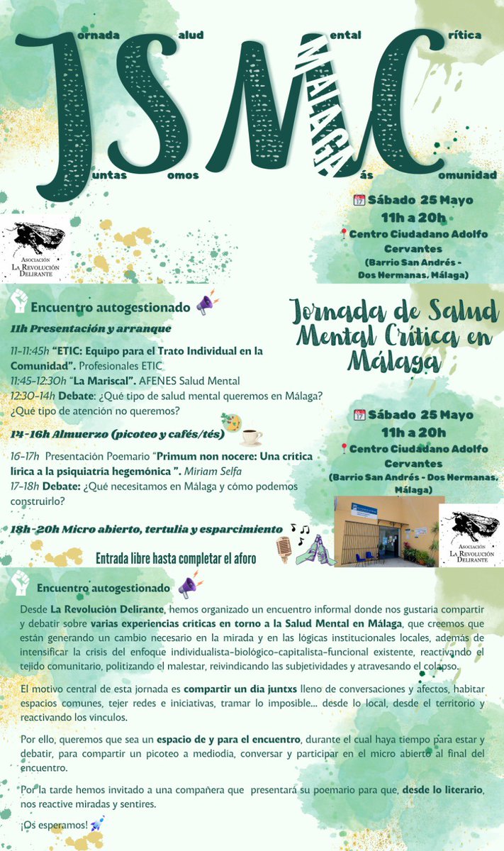 revoldelirante's tweet image. Preparando las #JSMC de #Málaga 
Encuentro abierto para hablar de la #saludmental que queremos en la ciudad. Se pueden respetar los derechos cuando acompañamos el sufrimiento psíquico
