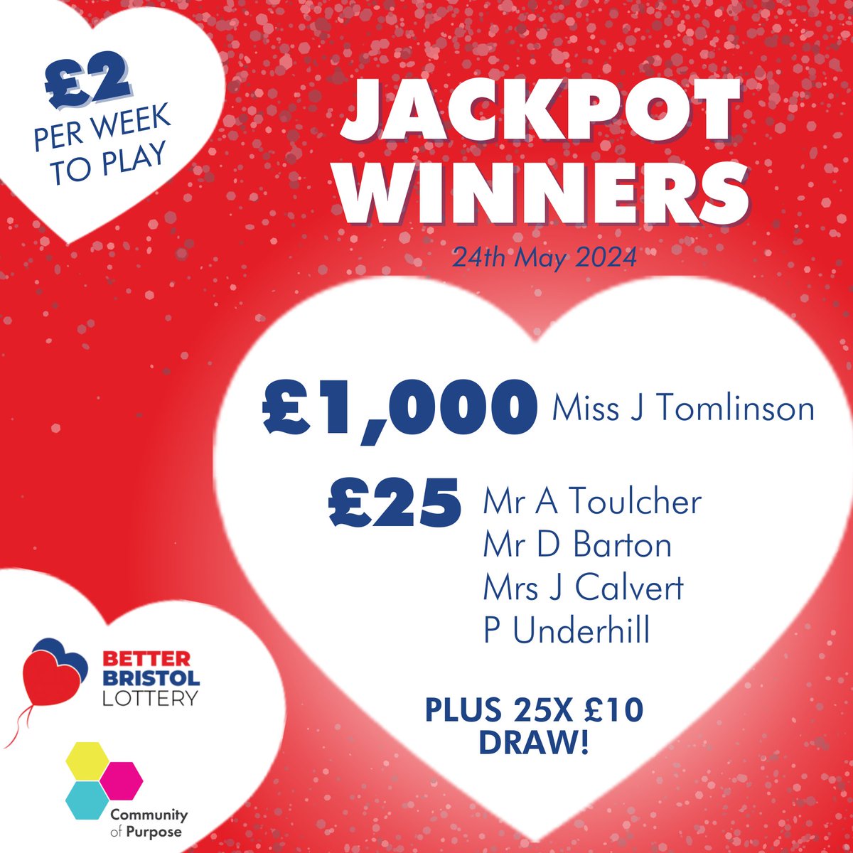 Congratulations to all of the winners for Better Bristol Lottery this week! By participating you are contributing towards vital funds for our social mobility work in Bristol schools, allowing Bristol to be a better place for young people. Sign up today > communityofpurpose.com/get-involved/i…