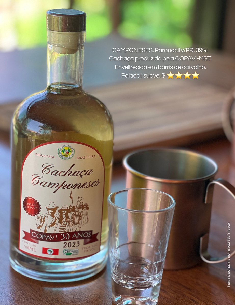 CAMPONESES. Paranacity/PR. 39%. Cachaça produzida pela COPAVI-MST. Envelhecida em barris de carvalho. Paladar suave. $ ⭐️⭐️⭐️⭐️