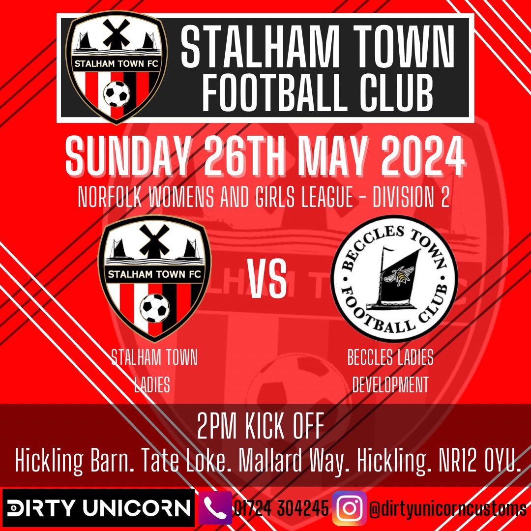 🔴 Home Game 🔴 
This weekend we welcome Beccles Development Ladies to Hickling Barn for the final game of the season. 
#STFC #thereds #stalhamtownfc