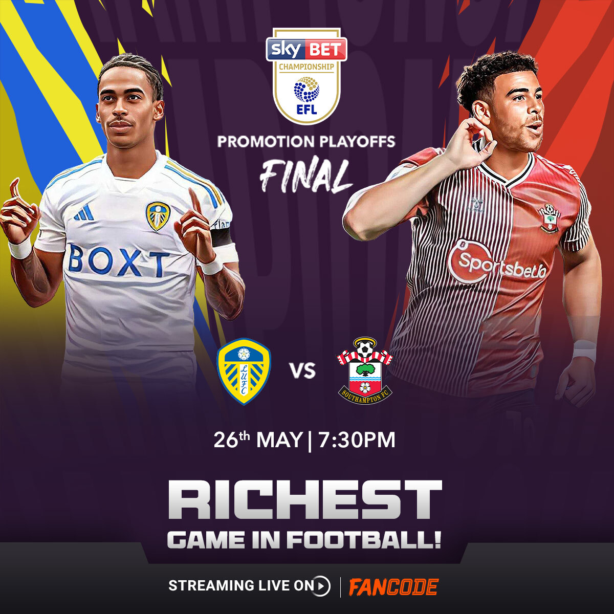 Leeds United ⚔️ Southampton at Wembley! 🏟️ This Championship play-off final is hailed as the 'richest in football' for its lucrative promotion stakes to the Premier League. Catch the action live on FanCode 👉 bit.ly/EFL-PlayOff-Fi… . . #EFLPlayOffs #EFL #FanCode