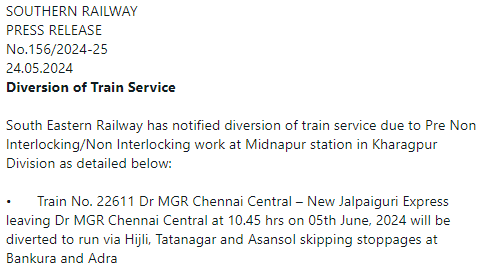 South Eastern Railway has notified diversion of the following #TrainService due to Pre Non-Interlocking/Non-Interlocking work at Midnapur station in #Kharagpur Division. Passengers, kindly take note and plan your journey. #SouthernRailway #RailwayUpdate #RailwayAlert