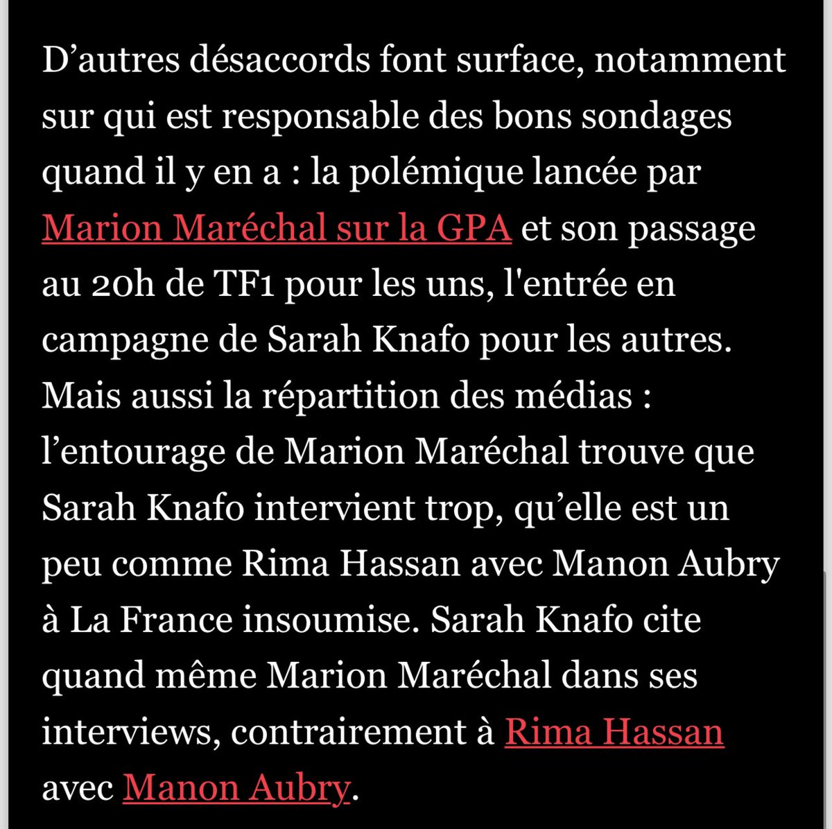 🚨TENSIONS À RECONQUÊTE « Marion Maréchal trouve que Sarah Knafo intervient trop, qu'elle est un peu comme Rima Hassan avec Manon Aubry à La France insoumise. » Dans le @leJDD ⤵️ 1/2
