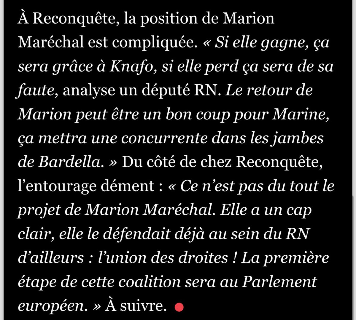 Prédiction : même si elle est élue au Parlement européen, @MarionMarechal ne sera pas dans le même groupe que @knafo_sarah 😉 2/2