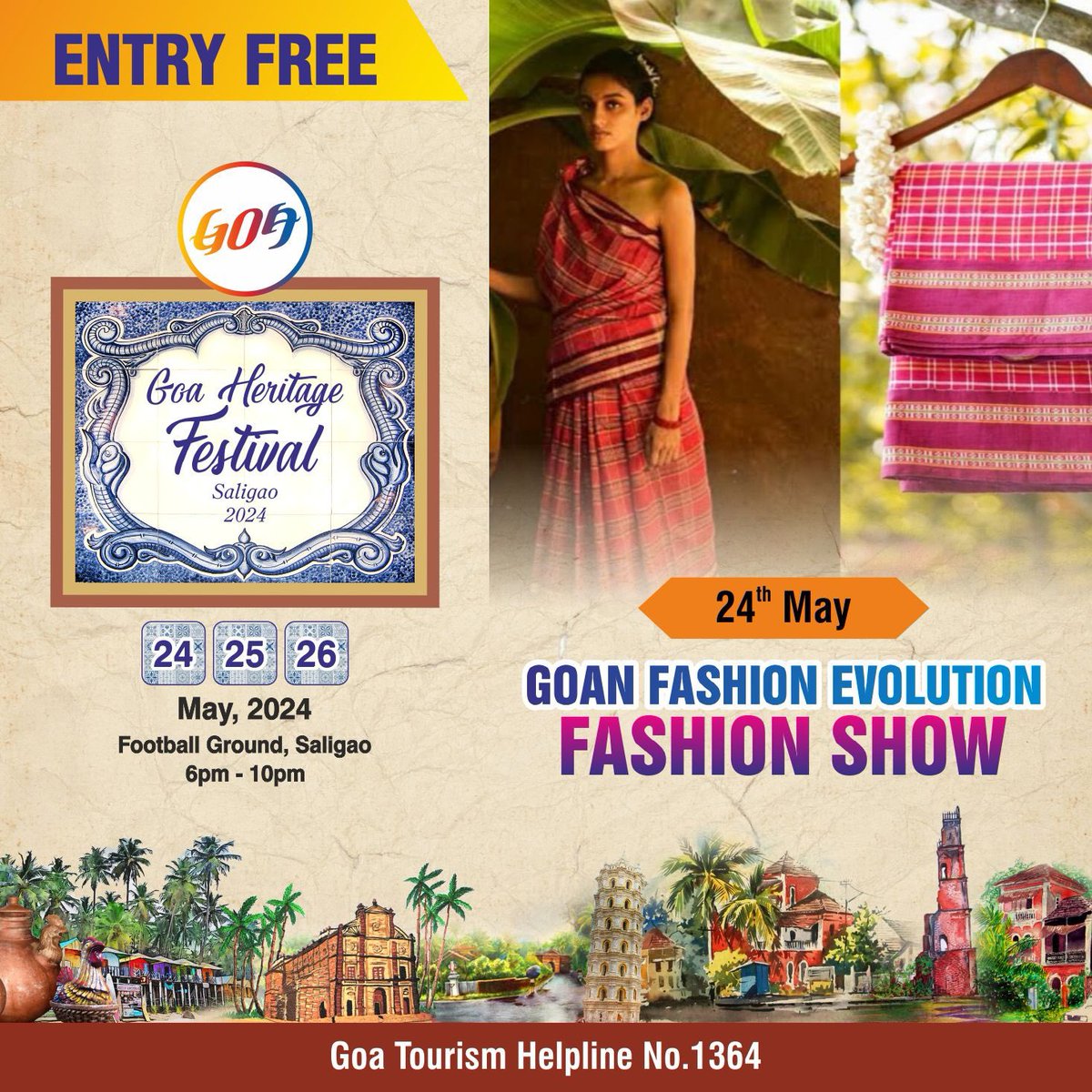 Witness the vibrant culture of Goa come alive at the Traditional Fashion Show during the Goa Heritage Festival! Join us today, May 24th, at Saligao Ground, Bardez from 6:00 PM to 10:00 PM. Don’t miss out on this captivating celebration of heritage and style. See you there!