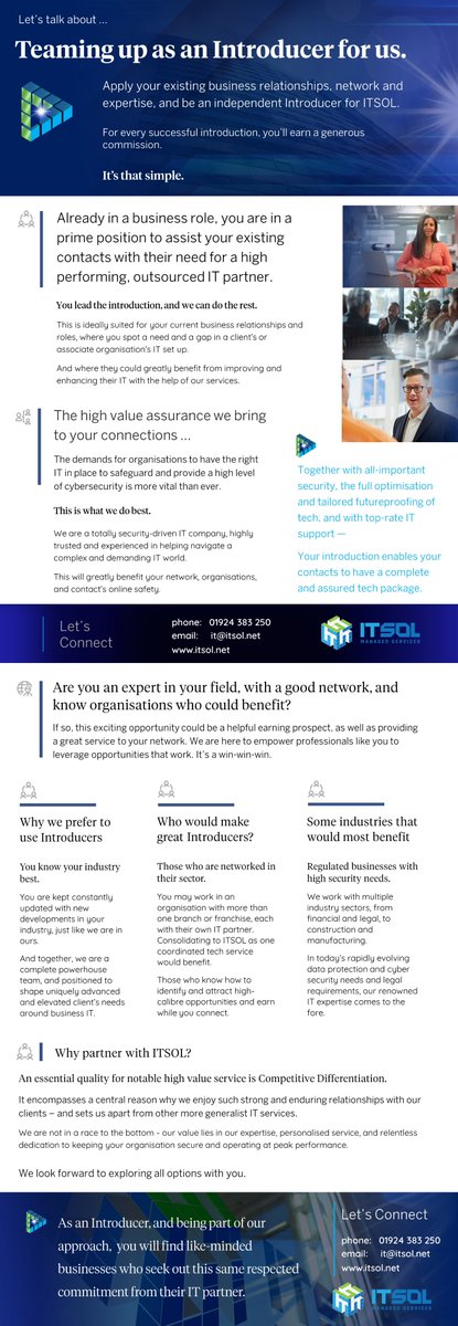 Itsolms's tweet photo. Have you spotted a gap in a client’s or associate organisation’s IT set up?

You could team up as an Introducer with us. Have a chat with David to find out more - 01924 383250

#ITpartner #managedITservices #northernpowerhouse #introduction #connections #business #IT #tech https://t.co/KN6cAkXS1C