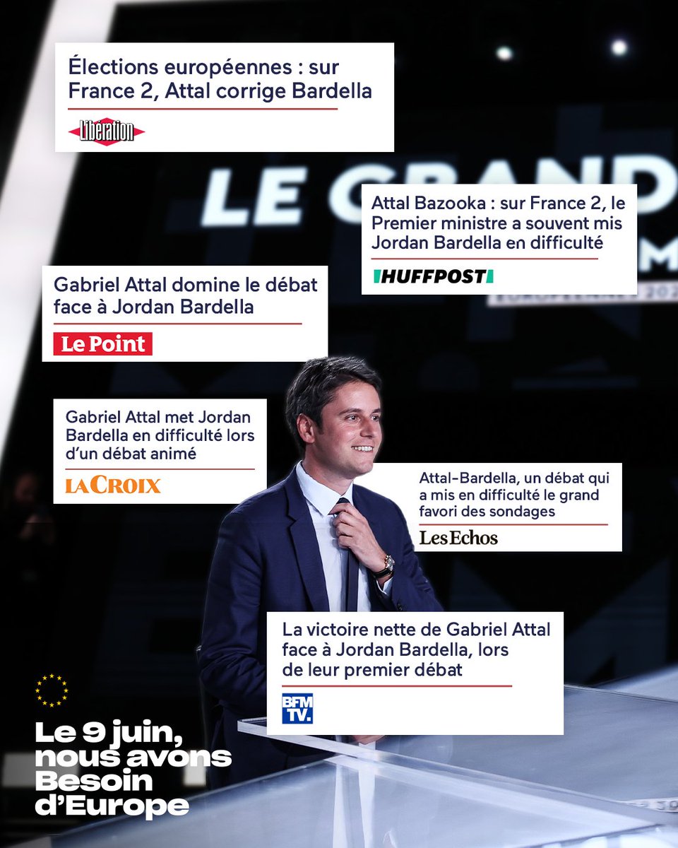 Jordan Bardella a été mis en grande difficulté par notre Premier Ministre hier soir #levenement. Il a démontré sa méconnaissance des sujets qui touchent le quotidien des français.
 
Toutes mes félicitations à <a href="/GabrielAttal/">Gabriel Attal</a> ! 
 
Le #9juin allons voter, nou l’a #besoindeurope