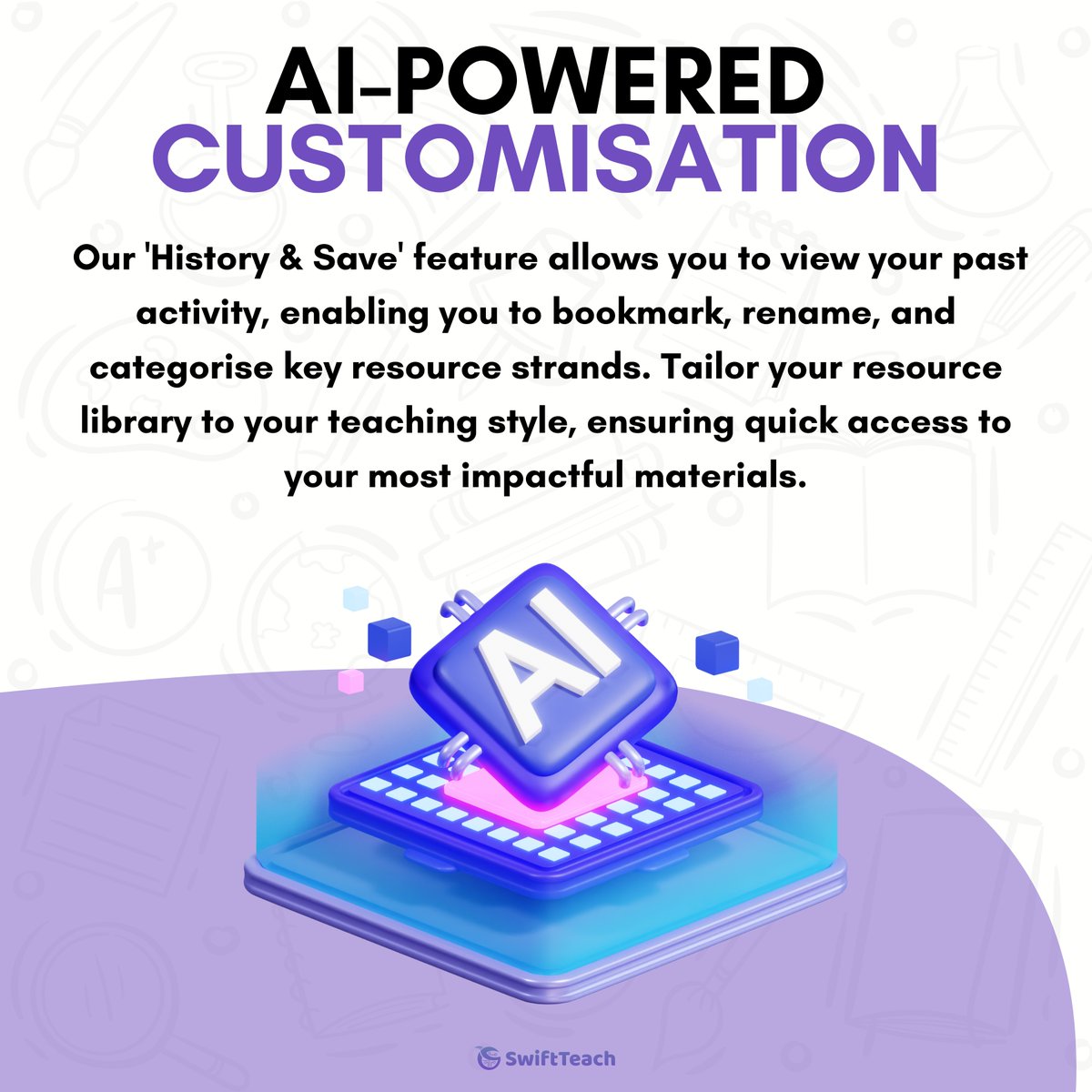 swift_teach's tweet image. With Swift Teach, tracking and organising your educational journey is effortless.
Our 'History & Save' feature allows you to view your past activity, enabling you to bookmark, rename, and categorise key resource strands.
#teachertips #teacherhacks #lessonplanning #swiftteach