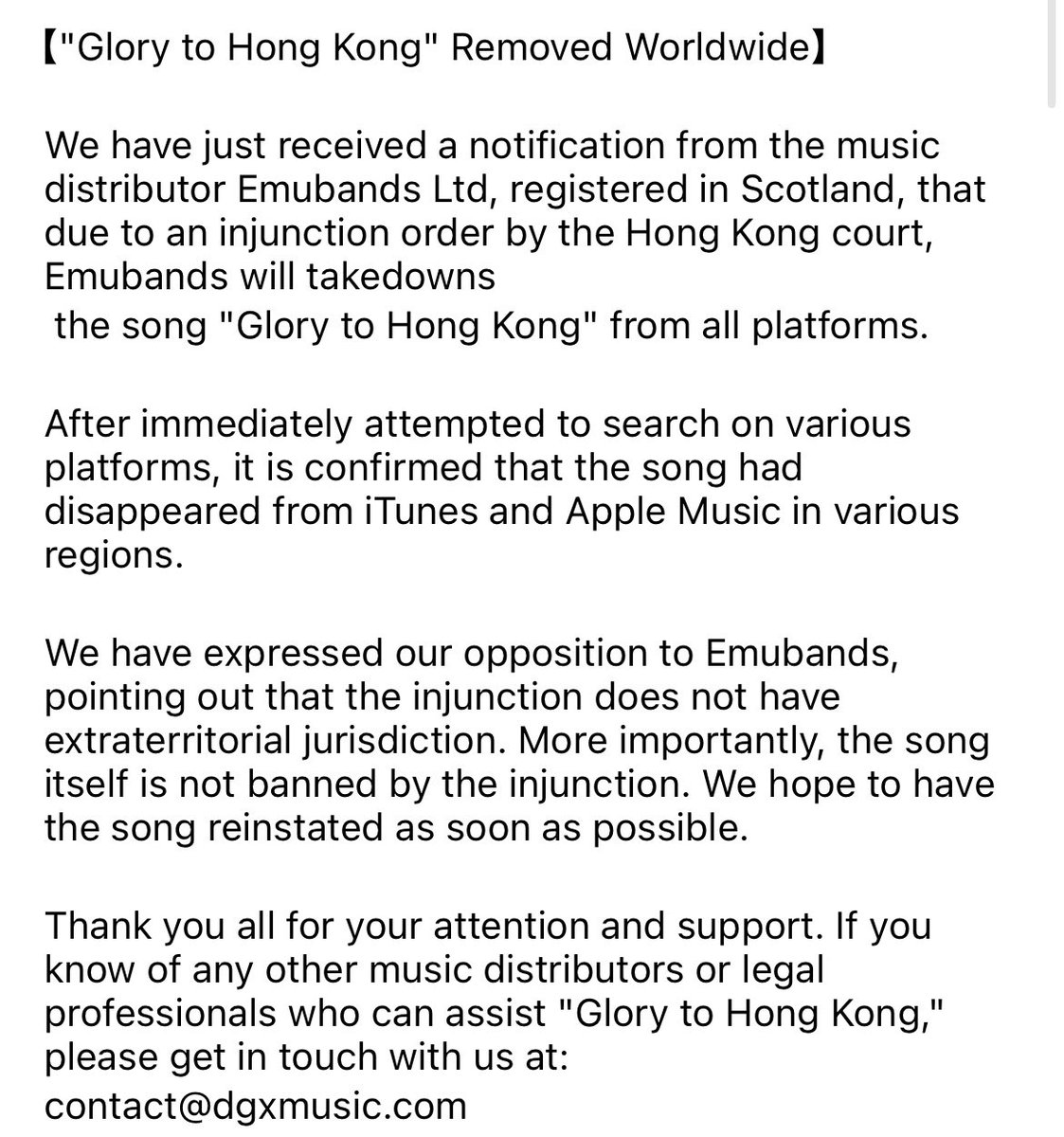 🚨 BREAKING: “Glory to #HongKong”has just been removed from music platforms @Spotify and @AppleMusic by the distributor @EmuBands, a company registered in #Scotland. @EmuBands said they will take down the song from all platforms due to an injunction order by the #HongKong court