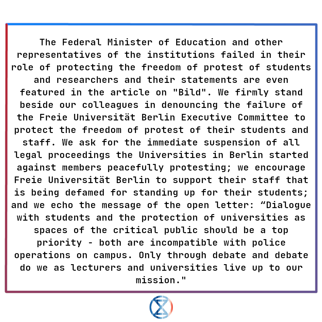 📢 On May 7th, @StudentCoBerlin 's encampment in Freie Universitaet Berlin was violently evicted by Police, and the professors who expressed solidarity were shamefully targeted by the press. Here is our solidarity statement.