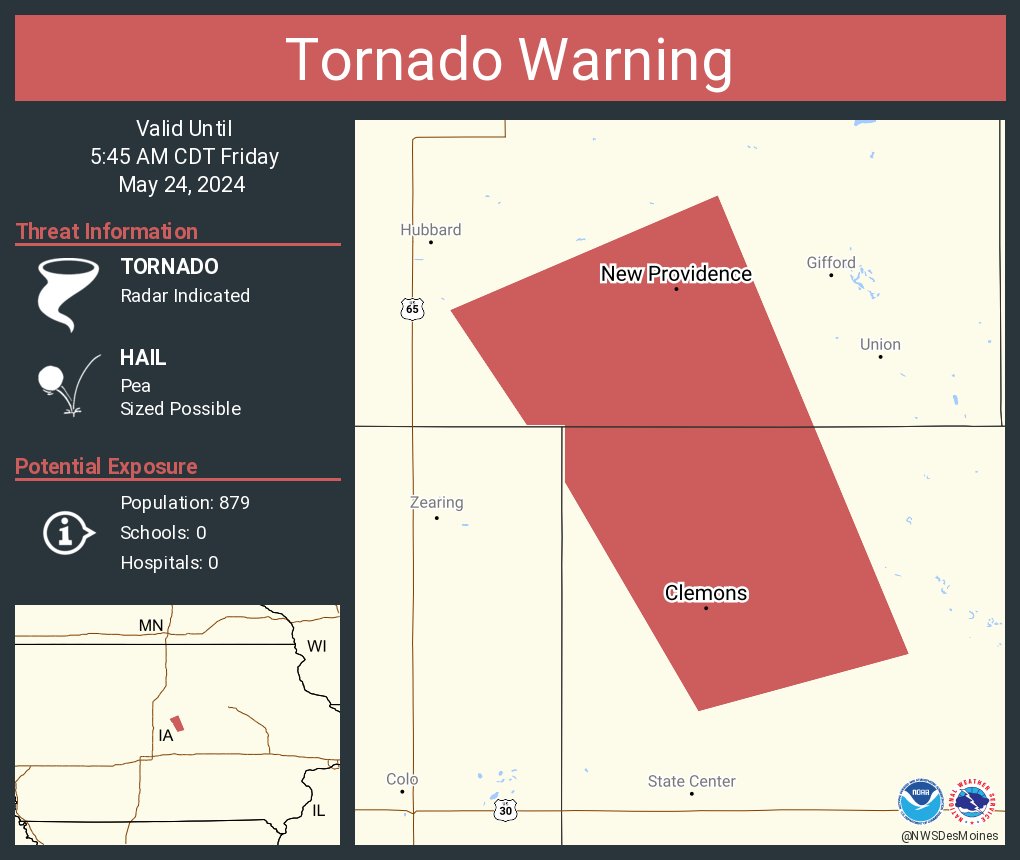 Tornado Warning continues for New Providence IA, Clemons IA and Saint Anthony IA until 5:45 AM CDT