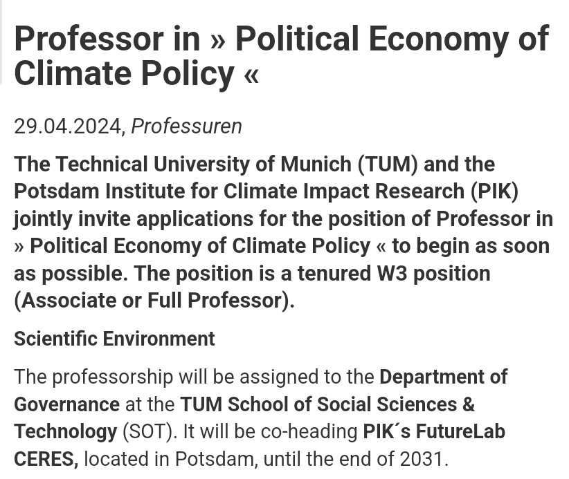 Exciting Professorship opportunity 'Political Economy of Climate Policy' @PIK_Climate & @TU_Muenchen 👇 portal.mytum.de/jobs/professur…