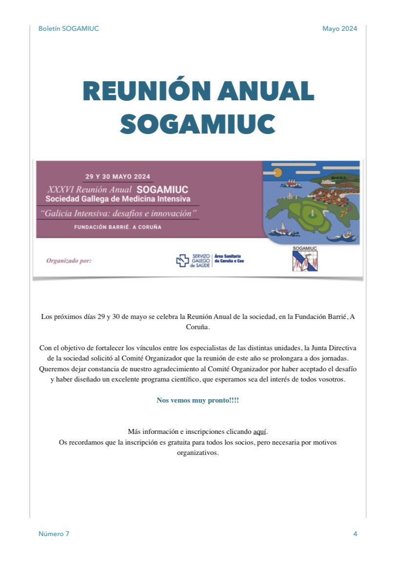 #BoletinSOGAMIUC7 en el boletín de mayo hablamos con el Dr @Fer_eiras que ha defendido su TD recientemente. Además, toda la info sobre nuestra próxima reunión anual, organizada por el Servicio de Medicina Intensiva de @SanidadeACoruna