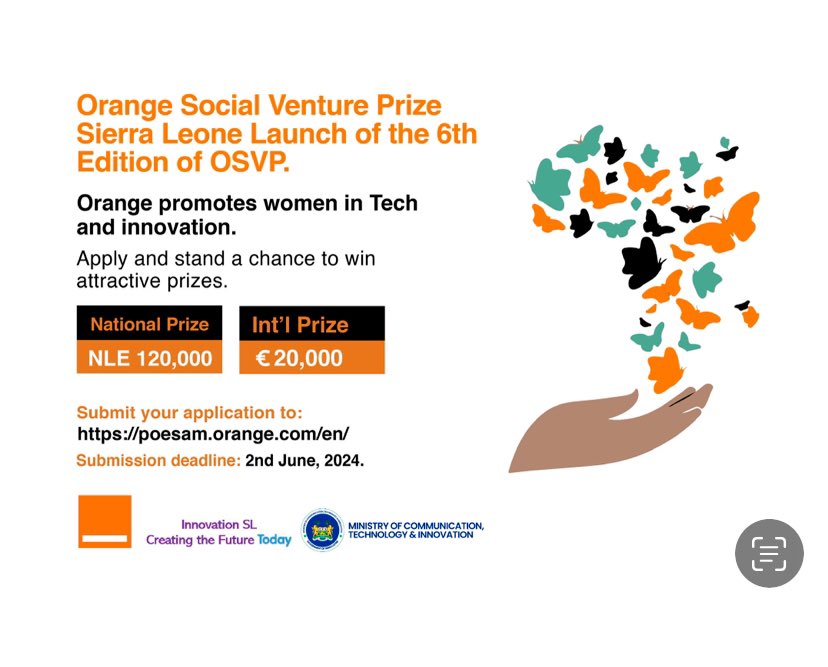 Application deadline for the 6th Orange Social Venture Prize (OSVP) edition has now been extended to June 2, 2024. Don't miss the chance to be recognized for your innovative projects. Submit your application by June 2nd, 2024, at poesam.orange.com/en/ #SaloneX