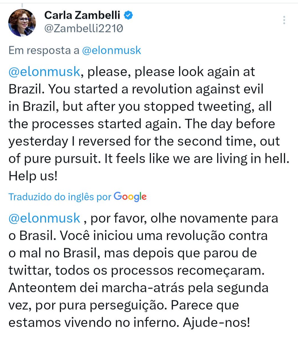 A topeira Zambelli pede ajuda para o Musk. É como Carmem Lúcia e Xandão disseram, essa tem desinteligência natural, ou na visão do Xandão, BURROCE MESMO