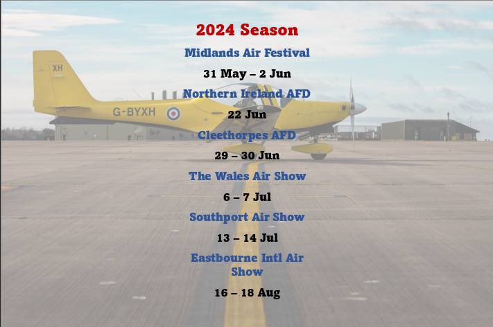 RAFTutorDisplay's tweet photo. We are excited to announce our calendar for the 2024 display season! 

*Not including military events, all displays and events are subject to change. 

#noordinaryjob #whatwedo #raf #rafwittering #rafdisplay #royalairforce #tutordisplay https://t.co/jASsoPZ6JR