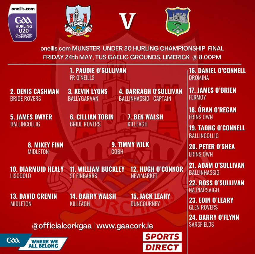 MidletonGaa's tweet photo. The best of luck to Mikey Finn, David Cremin, Terence McCarthy &amp; all the Cork players &amp; management team (including our co. winning manager Ben O'Connor) in tonight's Munster U-20 Final v Tipp in Limerick. if you can't make it to the Gaelic Grounds, the game is live on TG4 🟥⬜️ https://t.co/QEbZUGL0gY