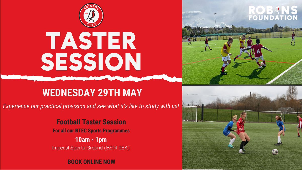 Join us next week at our final taster session!⚽️🤩 Providing prospective students & applicants the opportunity to experience the practical element of our programmes. 📅Wed 29th May Note the session will now run from 𝟭𝟬𝗮𝗺 - 𝟭𝟮𝗽𝗺. Sign up⬇️ bcfc.co.uk/robins-foundat…