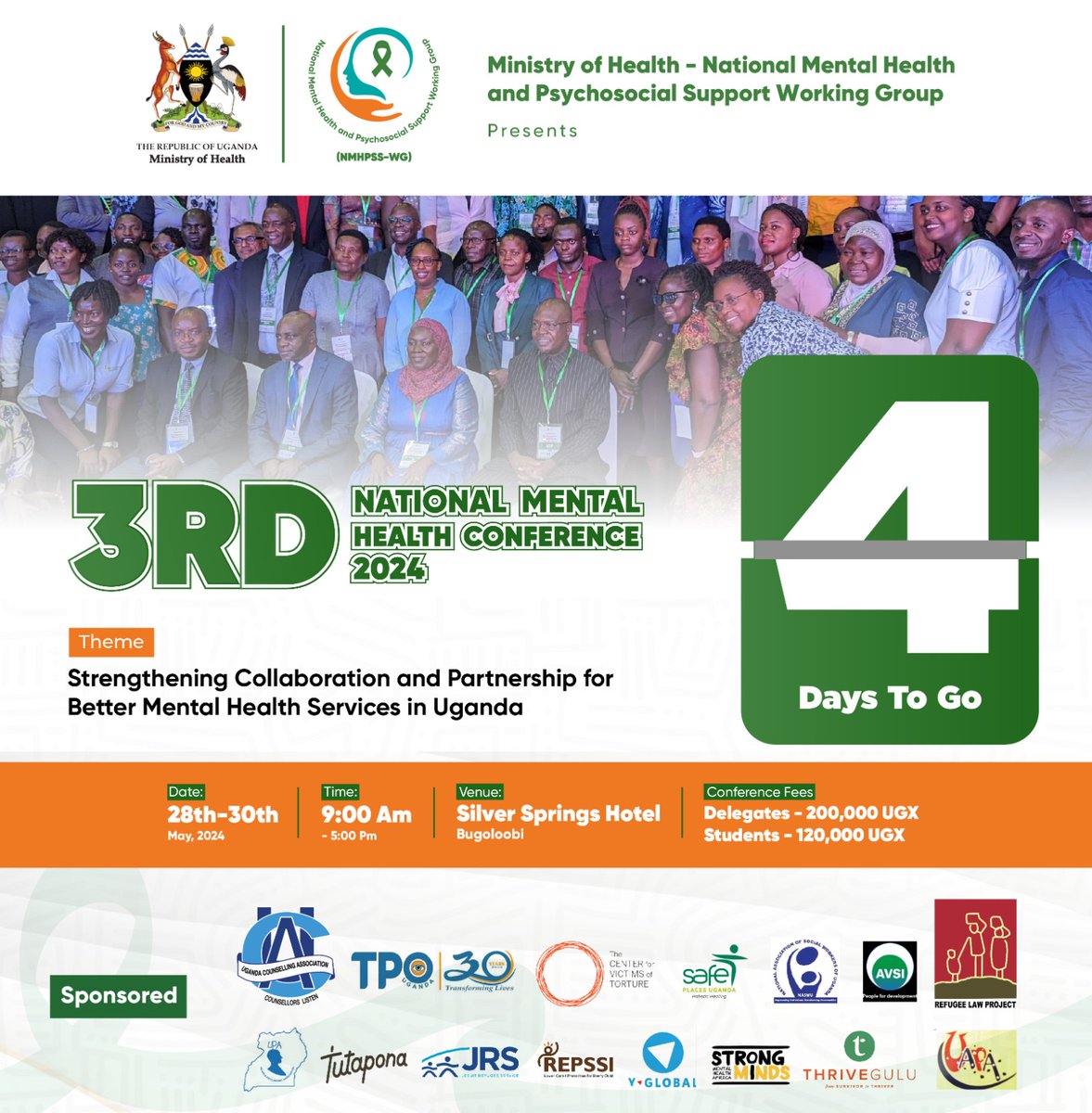 Mental Health & Psychosocial Support Working Group (@nmhpsswg) on Twitter photo The count down to the big event of the year begin.
<a href="/MinofHealthUG/">Ministry of Health- Uganda</a>
<a href="/counsellingug/">Uganda Counselling Association (UCA)</a> <a href="/TpoUg/">TPO Uganda</a> <a href="/refugeelawproj/">Refugee Law Project</a> <a href="/africar_centres/">AfricaRetreatCentres(ARC)</a> <a href="/REPSSI/">REPSSI</a> <a href="/MakeStrongMinds/">StrongMinds</a> @safe_treatment <a href="/THRIVEGulu/">THRIVEGulu</a> <a href="/naswu_/">National Association Of Social Workers of Uganda</a> <a href="/CVTorg/">Center for Victims of Torture</a> <a href="/UPAuganda/">UPA</a> The count down to the big event of the year begin.
<a href="/MinofHealthUG/">Ministry of Health- Uganda</a>
<a href="/counsellingug/">Uganda Counselling Association (UCA)</a> <a href="/TpoUg/">TPO Uganda</a> <a href="/refugeelawproj/">Refugee Law Project</a> <a href="/africar_centres/">AfricaRetreatCentres(ARC)</a> <a href="/REPSSI/">REPSSI</a> <a href="/MakeStrongMinds/">StrongMinds</a> @safe_treatment <a href="/THRIVEGulu/">THRIVEGulu</a> <a href="/naswu_/">National Association Of Social Workers of Uganda</a> <a href="/CVTorg/">Center for Victims of Torture</a> <a href="/UPAuganda/">UPA</a>