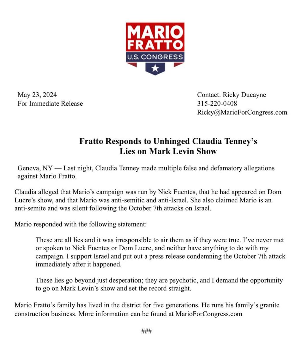 @marklevinshow here is @MarioFratto responce to @claudiatenney unsigned lies on the @marklevinshow she is a joke and she will sink to Democrat tactics to try and destroy an opponents campaign sounds just like a Hillary Russian collusion